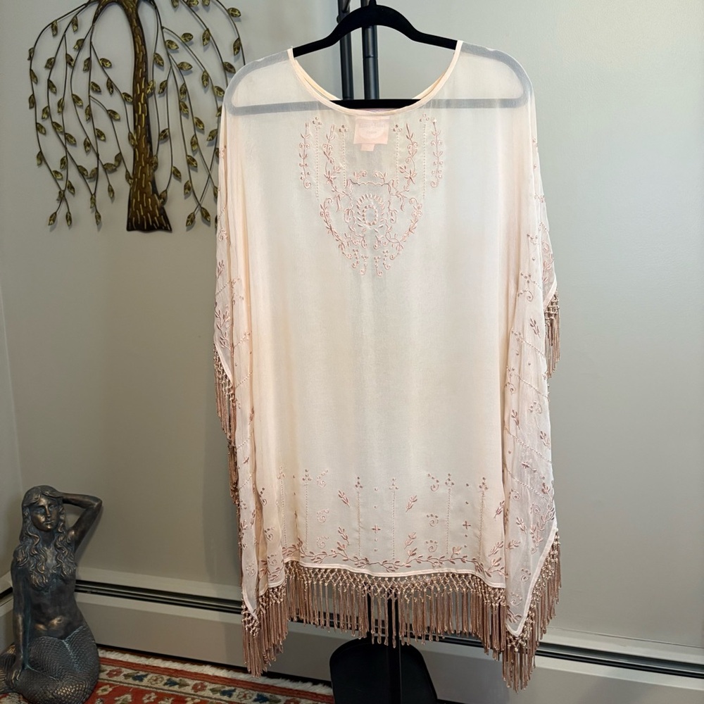Romeo & Juliet Couture Light Pink Sheer Kimono Style Tunic with Fringe